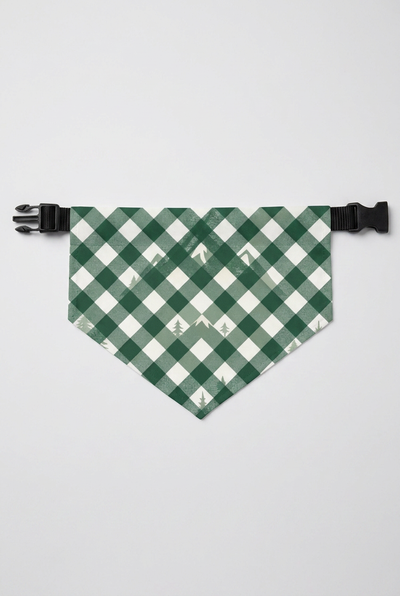 Green plaid dog bandana with forest print, adjustable neck strap