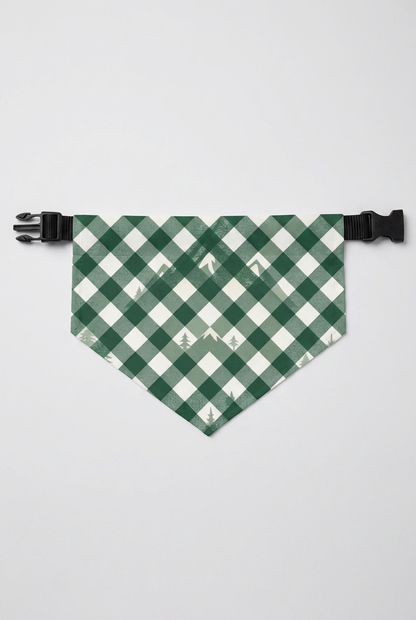 Green plaid dog bandana with forest print, adjustable neck strap