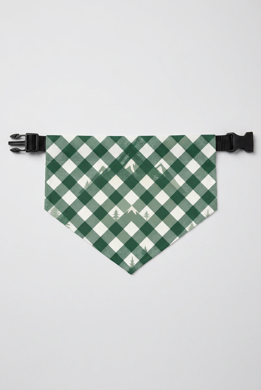 Green plaid dog bandana with forest print, adjustable neck strap