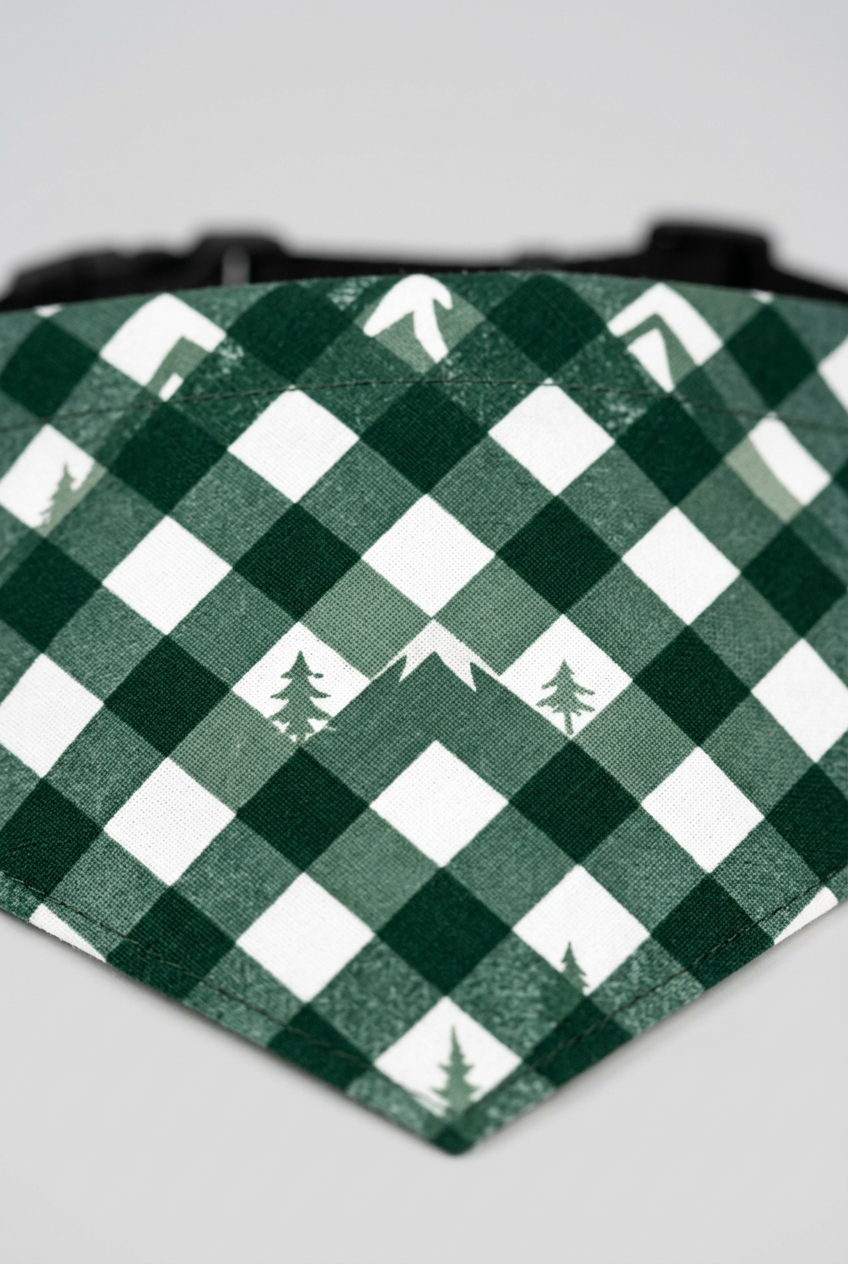 Forest plaid print detail on green dog bandana, triangle panel