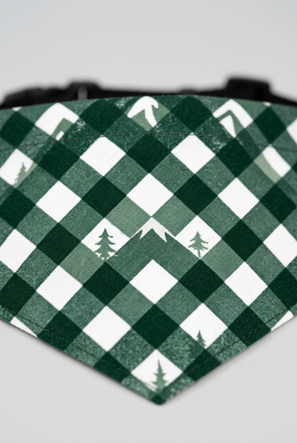 Forest plaid print detail on green dog bandana, triangle panel