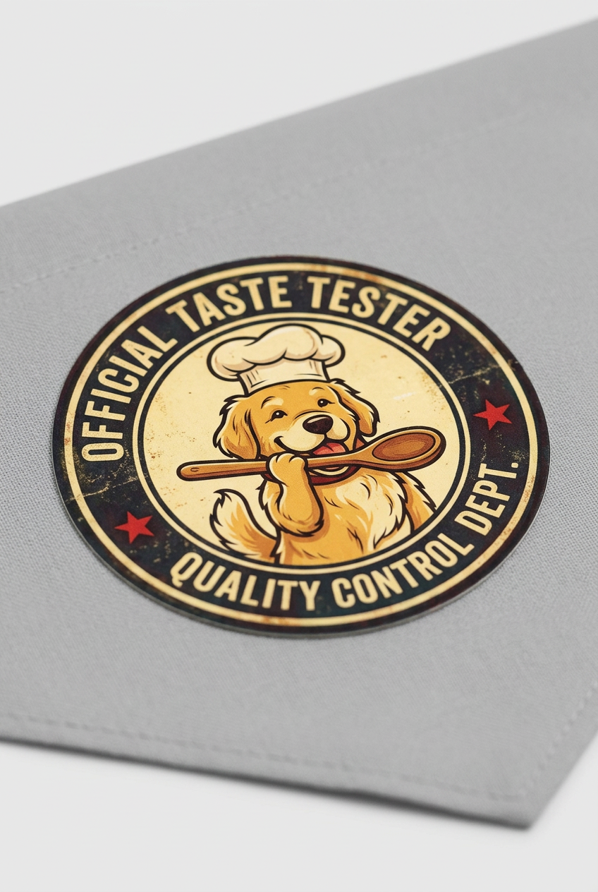 Official taste tester print detail on black dog bandana, triangle panel