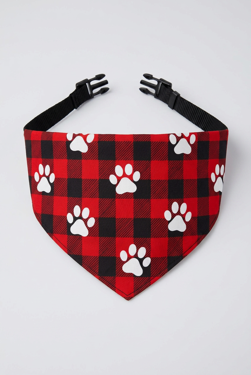 Red buffalo plaid dog bandana with paw print, adjustable neck strap