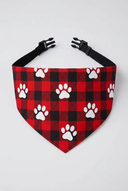 Red buffalo plaid dog bandana with paw print, adjustable neck strap