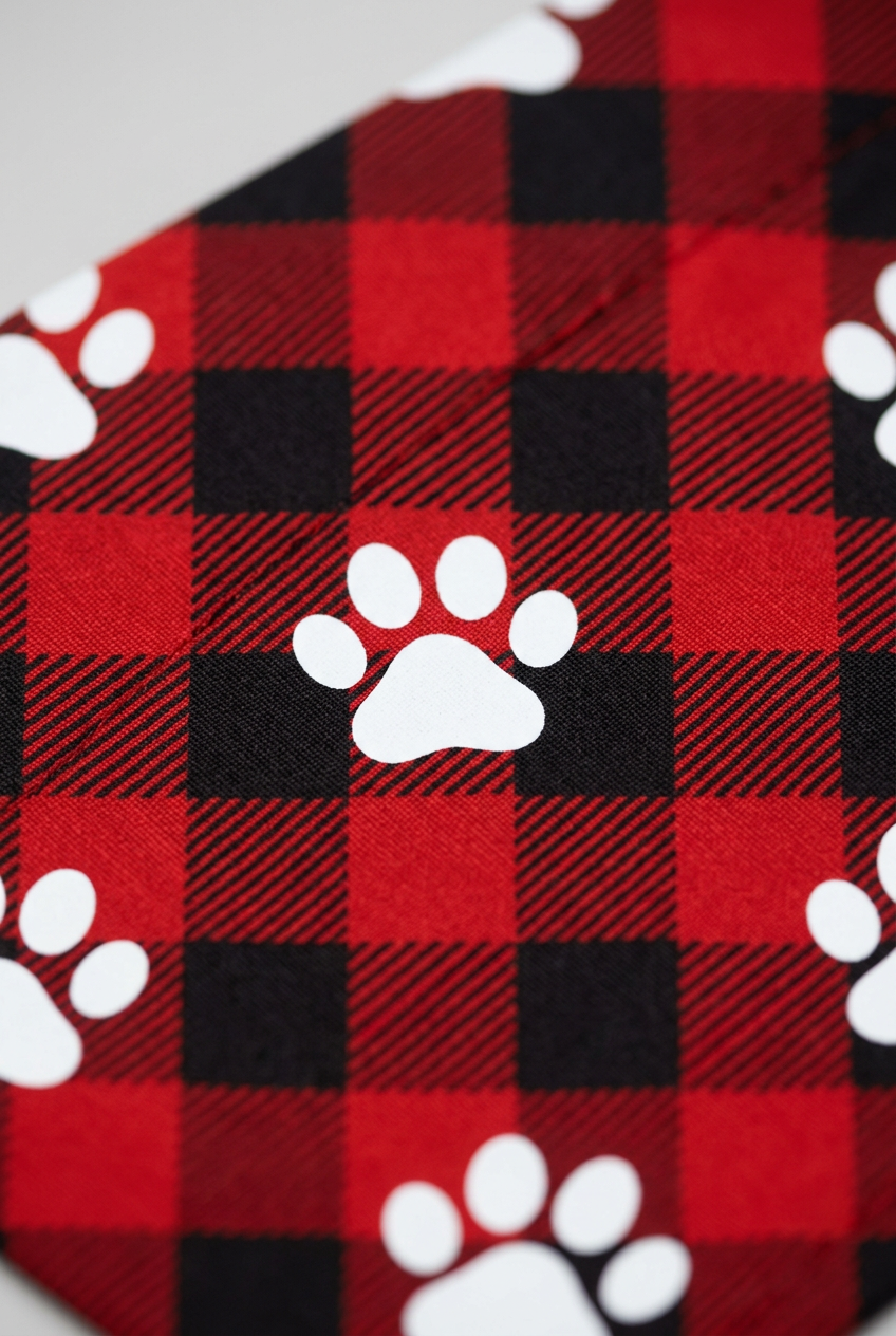 Paw print detail on red buffalo plaid dog bandana, triangle panel