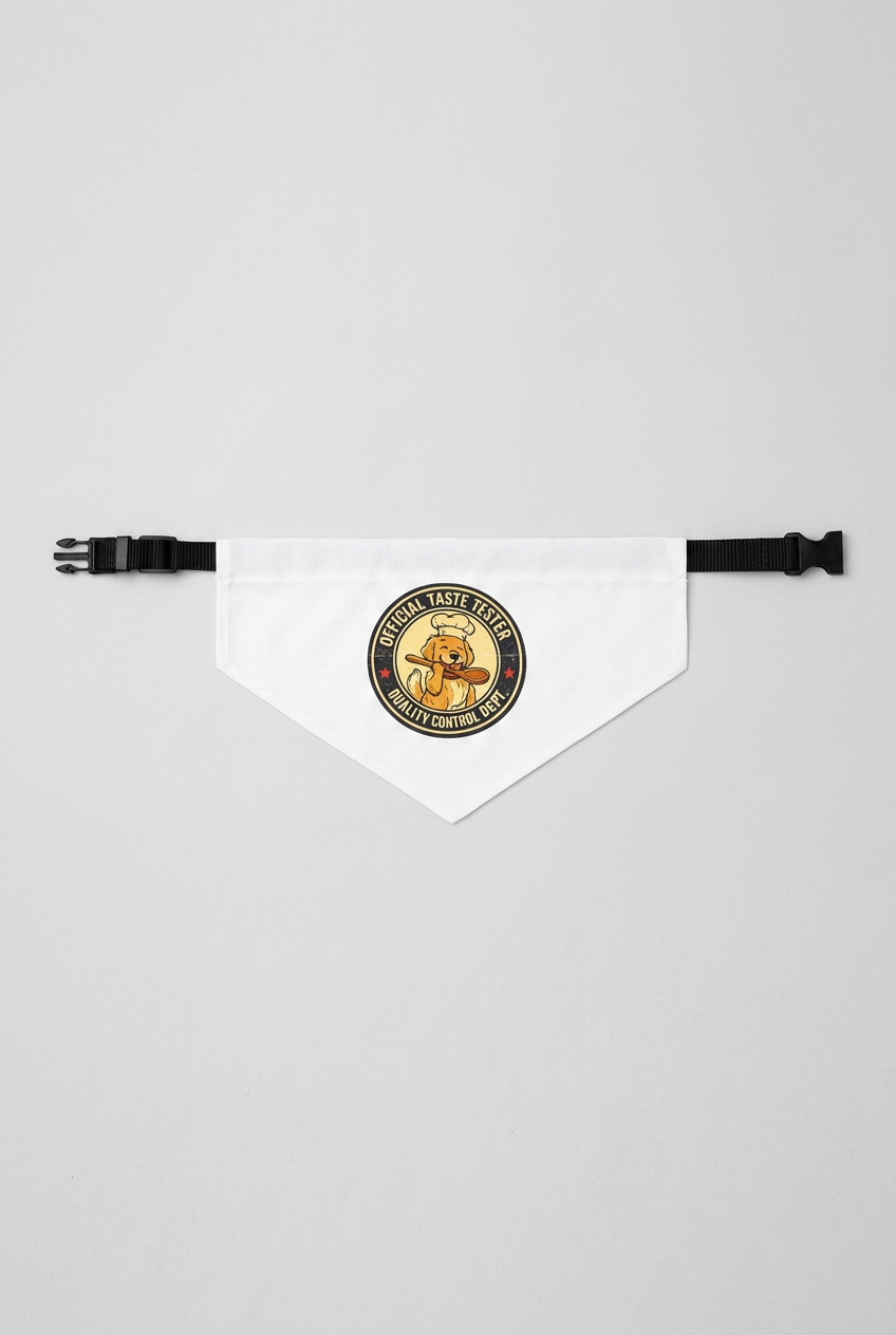 White dog bandana with official taste tester print, adjustable neck strap
