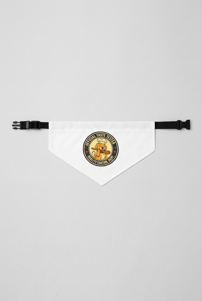 White dog bandana with official taste tester print, adjustable neck strap