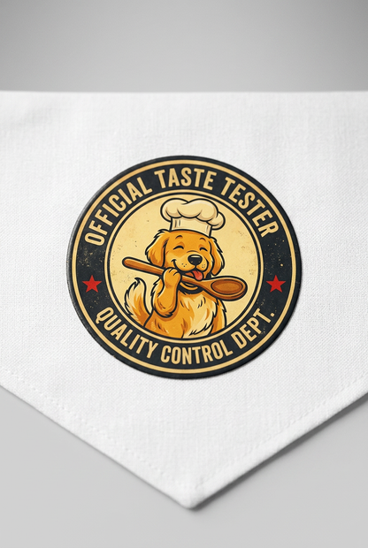 Official taste tester print detail on white dog bandana, triangle panel