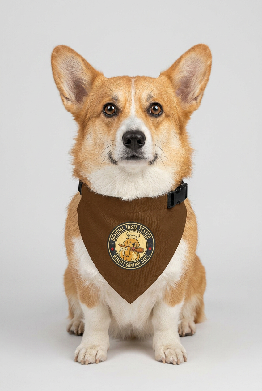 Basset hound wearing brown official taste tester dog bandana