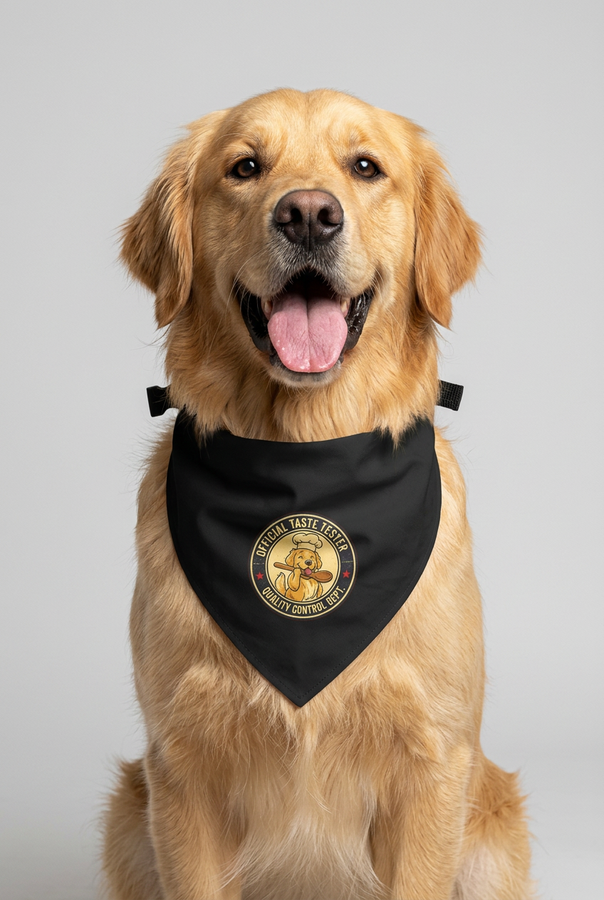Dachshund wearing black official taste tester dog bandana