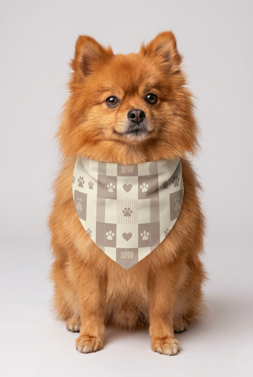 Beagle wearing neutral patchwork dog bandana