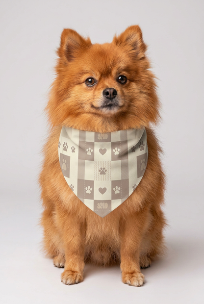 Beagle wearing neutral patchwork dog bandana
