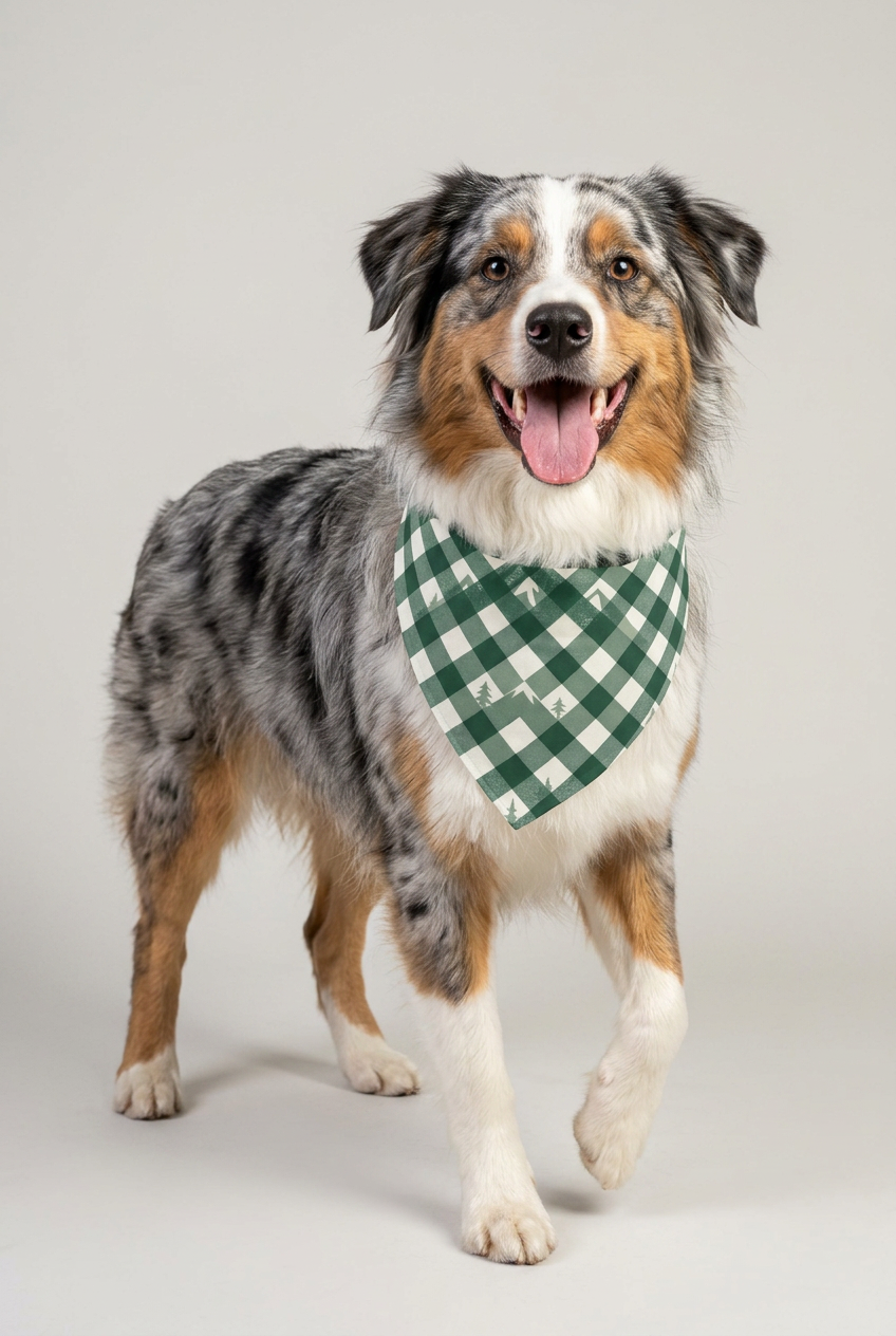 Dachshund wearing green forest plaid dog bandana