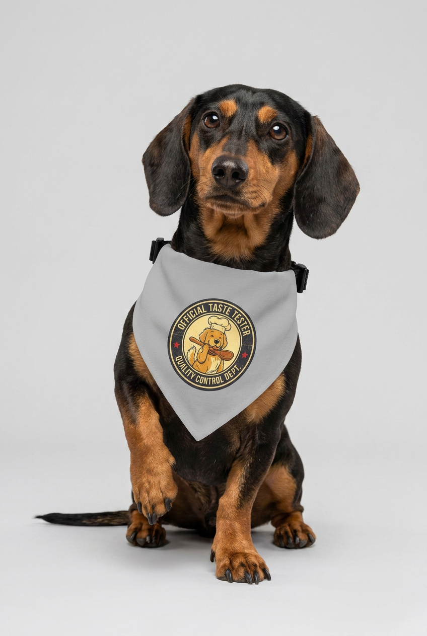 Dachshund wearing black dog bandana with official taste tester print