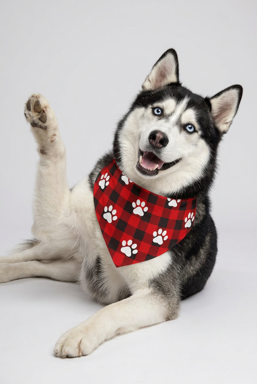 Dachshund wearing red buffalo plaid dog bandana with paw print