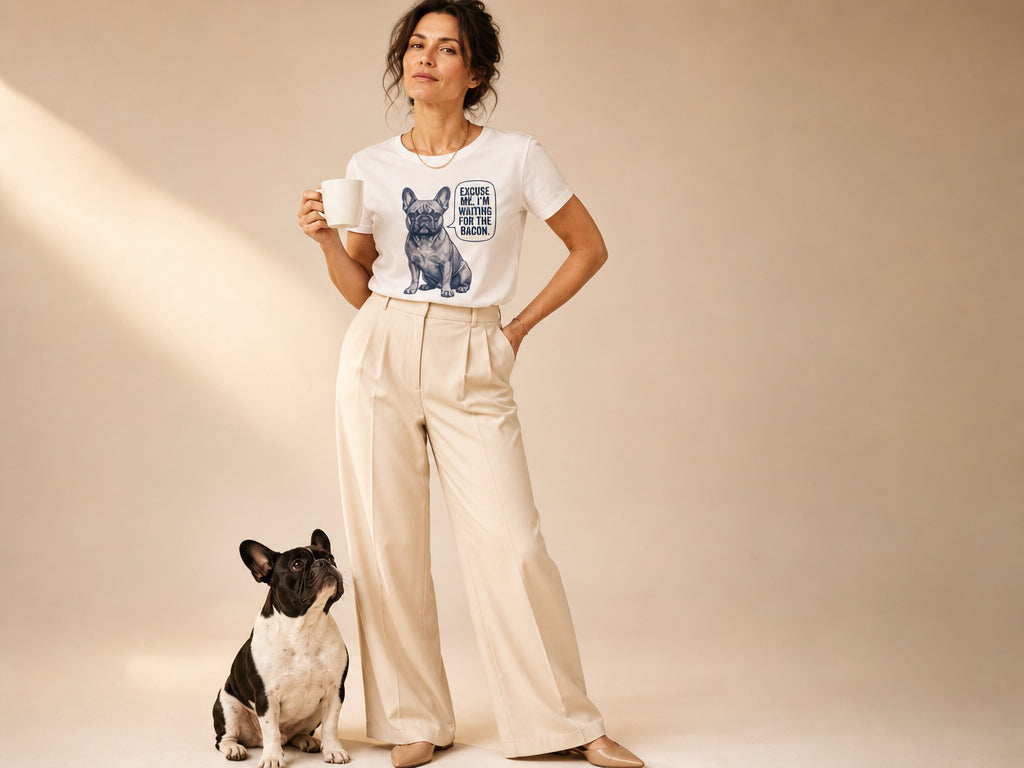 Woman wearing a white t-shirt with a dog graphic and text, standing next to a black and white dog on a beige background.