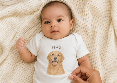 Baby wearing a white onesie with a dog illustration and 'MAX' text, lying on a soft beige blanket.