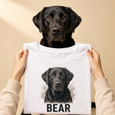 Person holding a white t-shirt with a black labrador retriever graphic and the name 'Bear' on a beige background