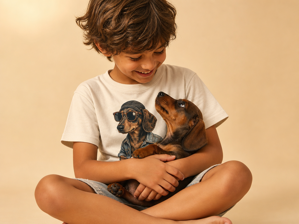 Child holding a dachshund-shaped pillow with a beige background