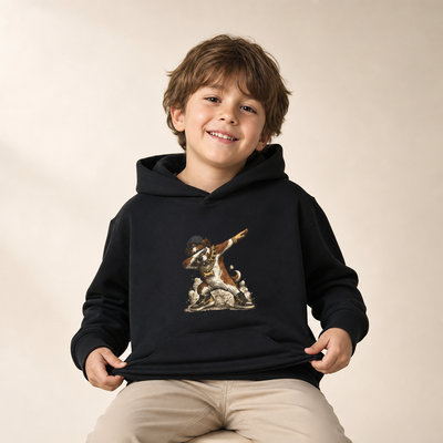 Child wearing a black hoodie with a graphic design on a beige background