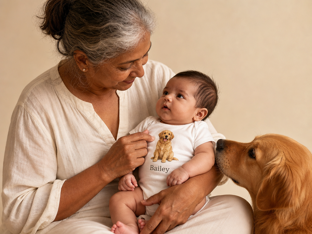 Woman holding a baby wearing a onesie with a dog illustration, accompanied by a golden retriever.