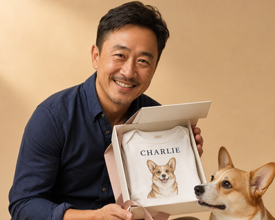 Man holding a gift box with a dog's name on it, sitting next to a corgi.