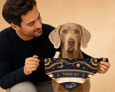 Man holding a bandana with 'Miracles' text, sitting next to a dog on a beige background