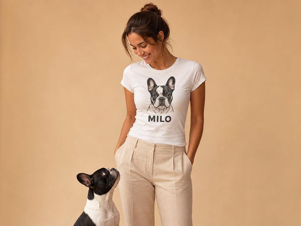 Woman wearing a white t-shirt with a dog graphic and 'MILO' text, standing next to a dog on a beige background