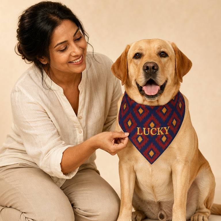 Woman sitting with a dog wearing a bandana labeled 'LUCKY' on a beige background