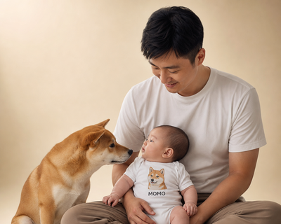 Man holding a baby wearing a Shiba Inu-themed onesie with a dog sitting next to them on a beige background.