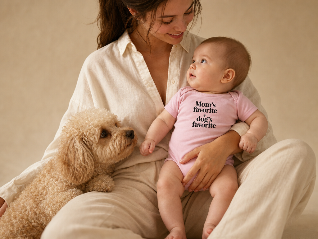 Woman holding a baby wearing a pink 'Mom's favorite dog's favorite' onesie with a dog sitting next to them.