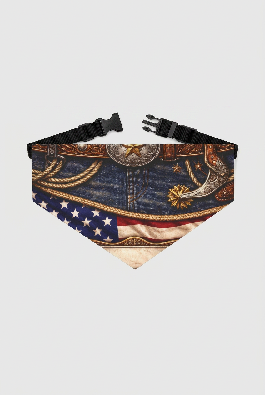 Cowboy print detail on western dog bandana, triangle panel