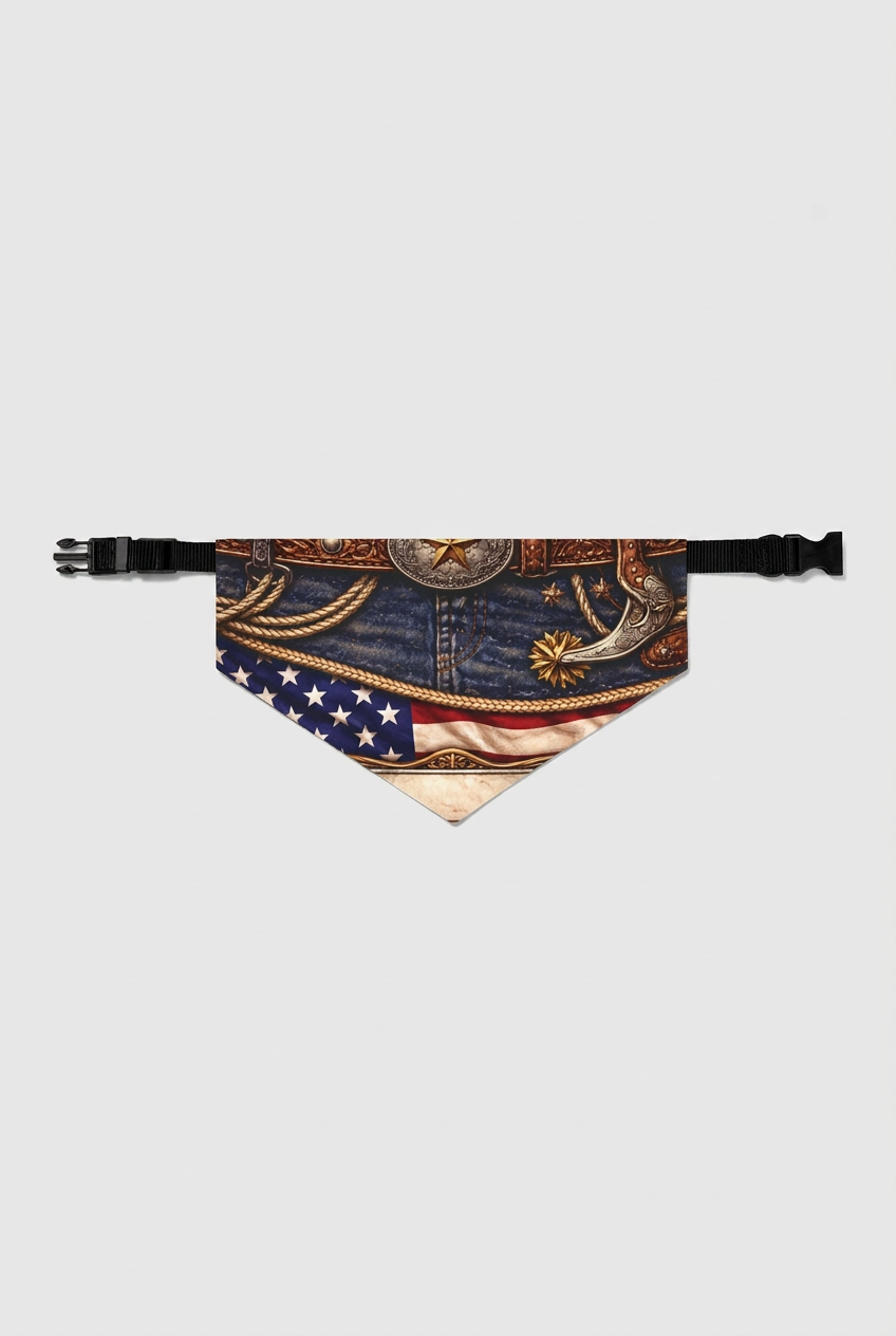 Western cowboy dog bandana with rustic print, adjustable neck strap