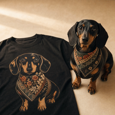 Close-up of personalized dog design t-shirt, MVM SitHappens custom dog apparel