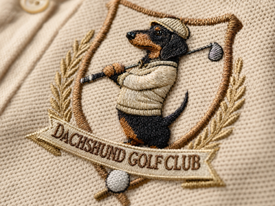 Close-up of embroidered dog breed crest on piqué polo fabric