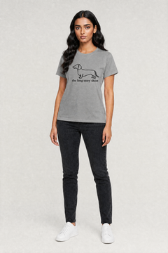 Dachshund long story short print close-up on black t-shirt
