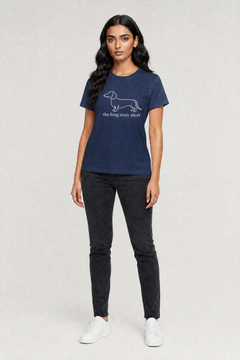 Woman wearing black dachshund the long story short t-shirt