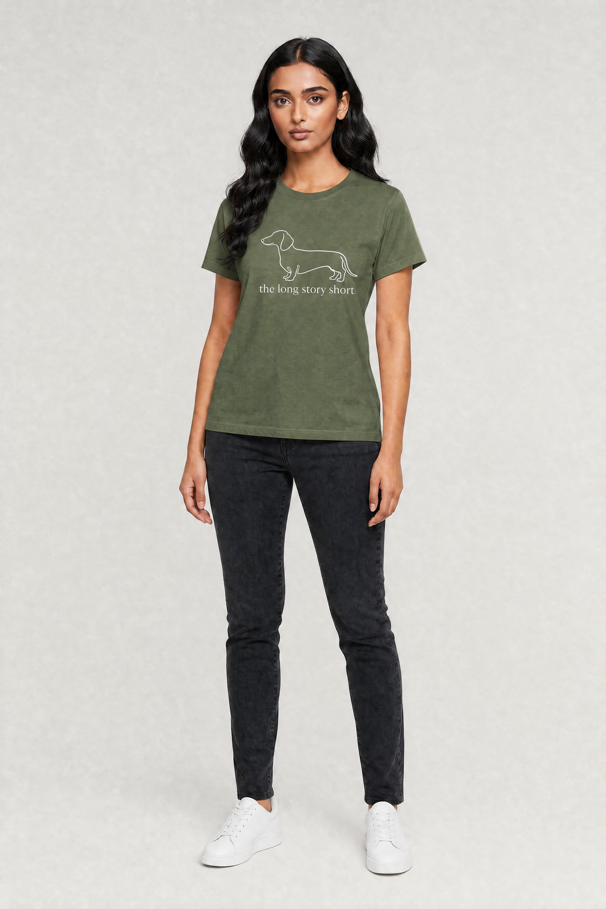 Man wearing black dachshund the long story short t-shirt