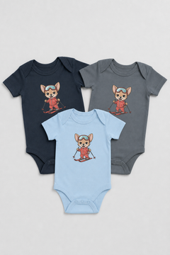 Baby wearing pink skiing chihuahua bodysuit