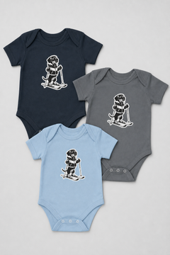 Yellow baby bodysuit with cute skiing black labrador print, snap closure