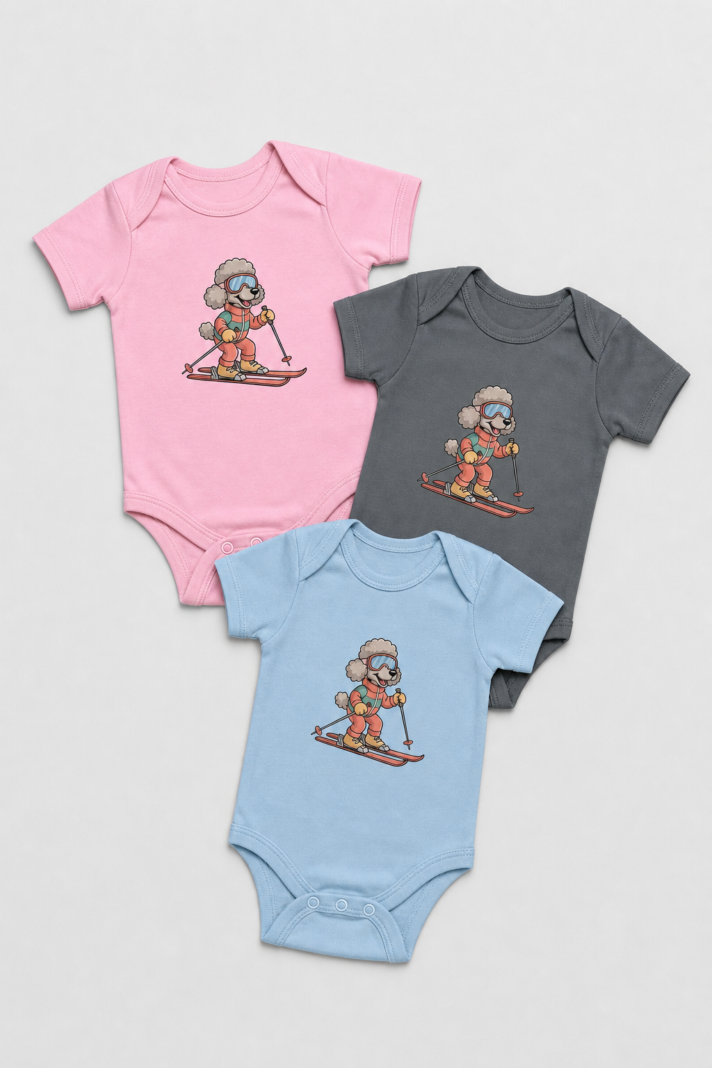 Baby wearing pink skiing poodle bodysuit
