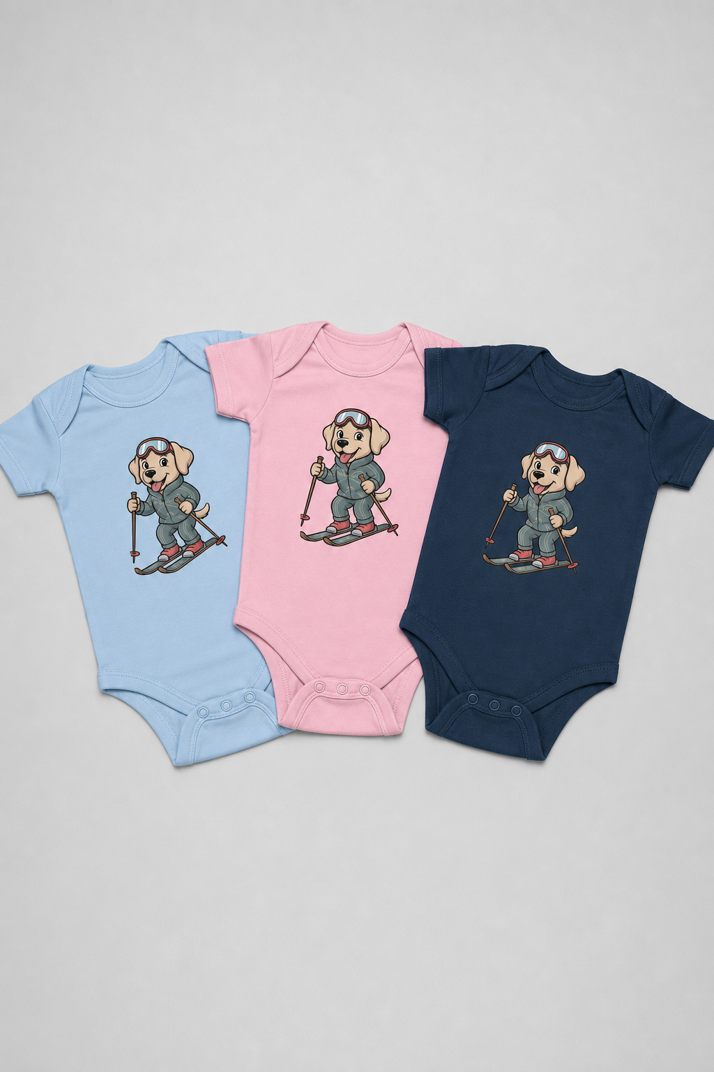 Baby wearing pink skiing labrador bodysuit