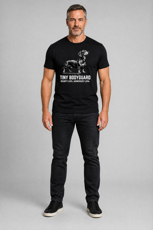 Man wearing a black t-shirt with a graphic design on a gray background