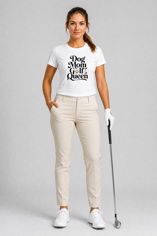 Woman in golf attire with a 'Dog Mom Golf Queen' t-shirt on a gray background