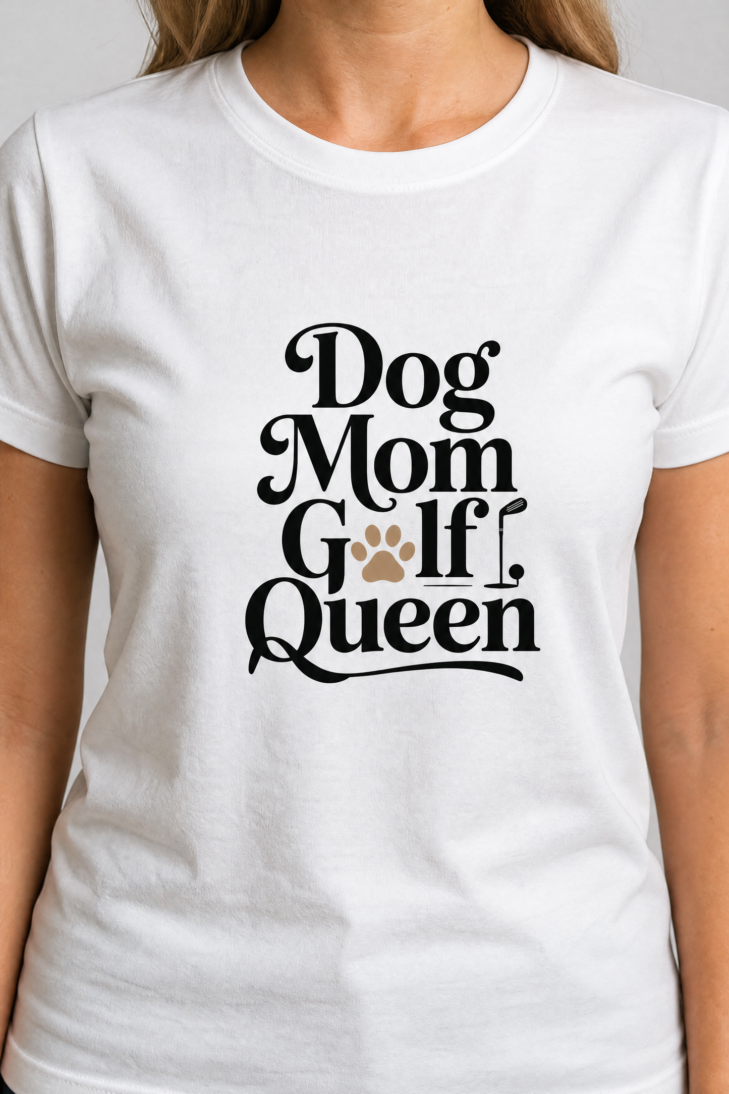 Man wearing white t-shirt with dog mom golf dog lover queen print