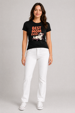 Woman wearing a black t-shirt with 'Best Mom Ever' text and white pants on a gray background