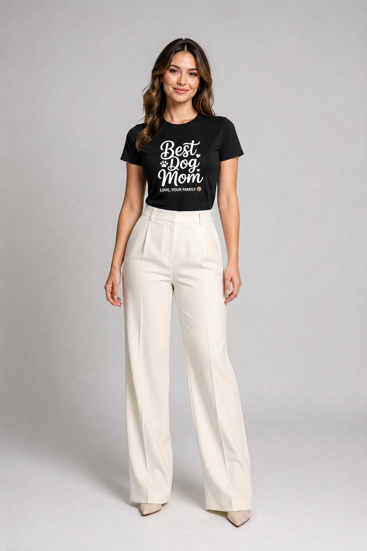 White t-shirt with best dog mom gift from family print, unisex crew neck