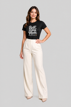 Woman wearing white t-shirt with best dog mom gift from family print