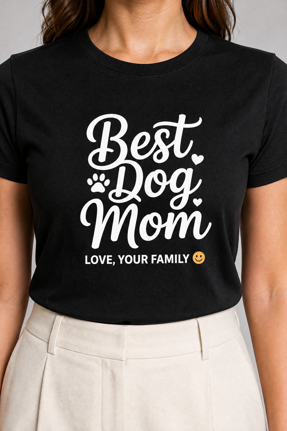 Man wearing white t-shirt with best dog mom gift from family print