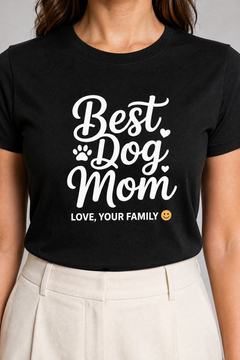 Man wearing white t-shirt with best dog mom gift from family print